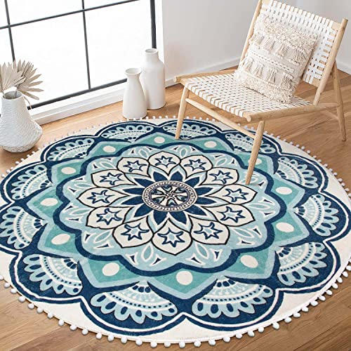 Uphome Runder Teppich 1,6 m Blau Kreis Boho Teppich mit Pom Pom Fransen Maschinenwaschbar rutschfeste Sofa Bodenmatte Weich Niedlich Blühen Mandala Teppich für Wohnzimmer Schlafzimmer Kinderzimmer von Uphome