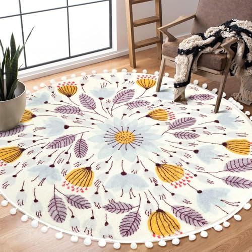 Uphome Runder Teppich für Schlafzimmer, 122 cm, niedlicher Teppich mit Pompons, Fransen, Blumenmuster, waschbar, Überwurf, rutschfest, weiche Bodenmatten für Eingangsbereich, Waschküche, Wohnzimmer, von Uphome