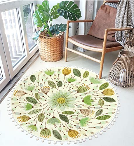 Uphome Runder Teppich für Schlafzimmer, 91 cm, Kreis, niedliche Badezimmerteppiche mit Pompons, Fransen, Blumenpflanze, waschbar, Überwurf, Teppiche, rutschfest, Kinderzimmer, Grün von Uphome