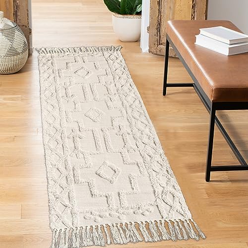 Uphome Tufted Cotton Area Rug Geometric Boho Throw Rugs with Chic Tassel Fransen Hand Woven Welcome Door Mat Printed Floor Carpet for Eingang, Porch Bedroom Living Room Kitchen (2'x5', Beige) von Uphome