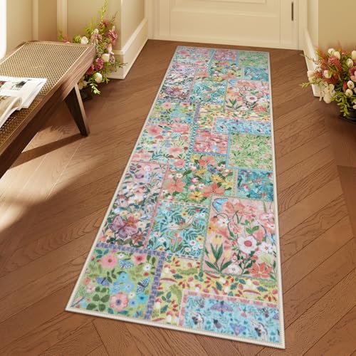 Uphome Waschbarer Läuferteppich mit Blumenmuster, 5 x 15 cm, für Flur, rutschfest, weich, Boho-Patchwork, Küchenteppich, niedriger Flor, Bauernhaus, botanischer Überwurf, Teppiche für Eingangsbereich von Uphome