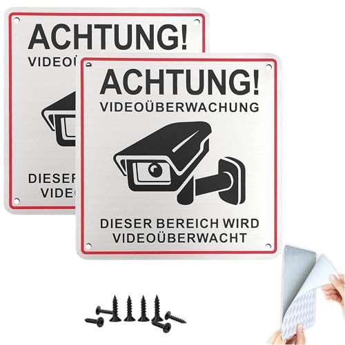 Upifen Videoüberwachung Schild 2 Stück Hinweisschild,15x15cm Aluminium Schilder Kameraüberwachung mit Selbstklebend und 8 schrauben 4 Bohrlöcher, Kamera Überwachung Schild, Warnschild von Upifen