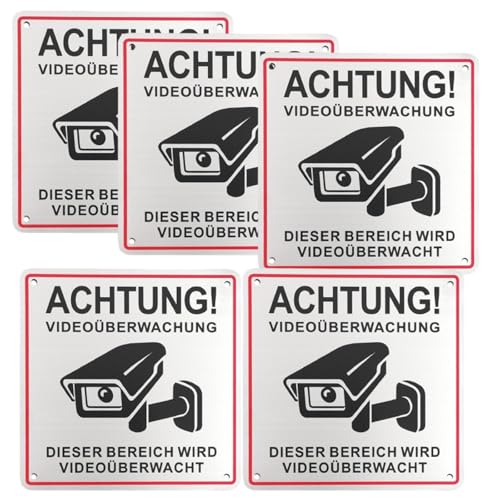 Upifen 5Stk. Achtung Videoüberwachung Schild Privatgrundstück15x15cm Aluminium Schilder Kameraüberwachung, mit Selbstklebend und 4 Bohrlöcher, Kamera Überwachung, Warnschild von Upifen