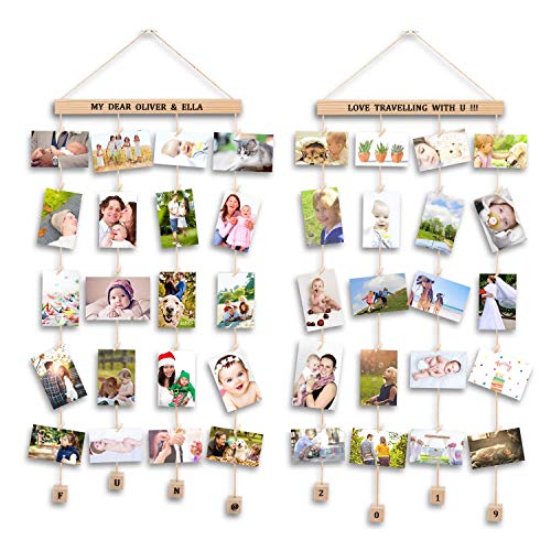 Uping Bilderrahmen Collagen, 2er Set Bilderrahmen Fotowand Mit 40 Kleinen Holzklammern und 5 Hanfseil für Wohnkultur (Mit Alphabet und Zahlenaufkleber) von Uping