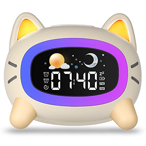 Uplayteck Wecker Kinder, Katze Schlaftrainer Kinderwecker Digital Mit Soundmaschine, Buntem Licht, Snooze und Timer-Funktion, Lichtwecker Wake Up Light für Mädchen, Jungen, Jugendliche von Uplayteck