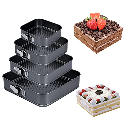 4er Set Kuchenform Springform 22/24/26/28 cm quadratisch,Backform mit Antihaftbeschichtung auslaufsichere Kuchenform aus Stahl,Schwarz Flachboden Kuchenformset von Uponer