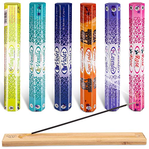 Uponer Räucherstäbchen Set 6 Verschiedene Packungen ca. 120 Sticks mit 6 Düfte Räucherstäbchen Sparset mit 6 Düfte Sandelholz, Veilchen, Rose, Lavendel, Vanille, Yilan mit 1 x Räucherstäbchenhalter von Uponer