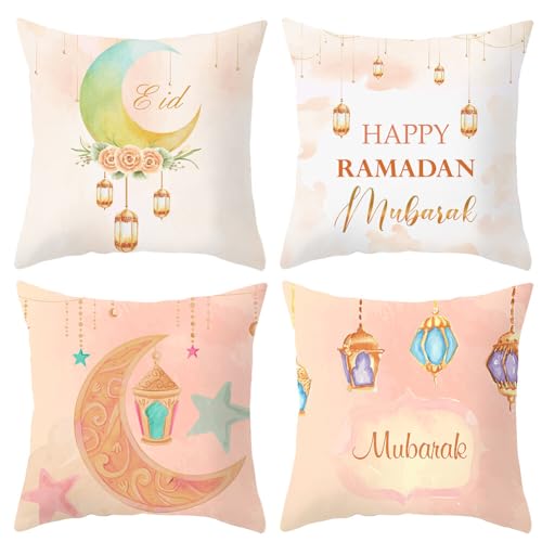 4 Stücke Ramadan Kissenbezug Eid Mubarak Zierkissenbezüge Set Mond Laterne Kissenhülle Dekorative Dekokissen Bezug Quadratisch Minimalist Wurfkissenbezüge für Ramadan Muslim Islamischen Dekoration von Uposao