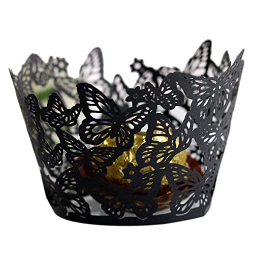 50 Stück Cupcake Wrappers Papier Muffinförmchen Cupcake-Förmchen Schmetterling Cupcake Verpackung Kuchen Pappbecher Cupcake Förmchen Lasergeschnitten Baken Cup für Party,Hochzeiten,Geburtstag,Schwarz von Uposao