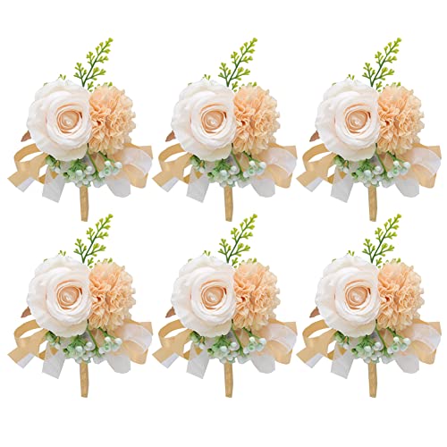 6 Stück Boutonniere Rose Hochzeit Künstliche Handgefertigte Satin Hochzeit Ansteckblume bräutigam Trauzeugen Handarbeit Corsage Knopfloch Blumen für Bräutigam Herren Braut Frauen,Champagner Gold von Uposao