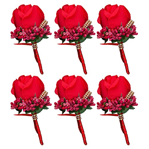 6 Stück Hochzeit Braut Blumen Anstecker,Handgefertigte Rose Bräutigam Boutonniere Hochzeitsbrosche Blumenstrauß Korsage künstliche Blumen für Party Prom Männer Anzug Dekoration,Rot von Uposao