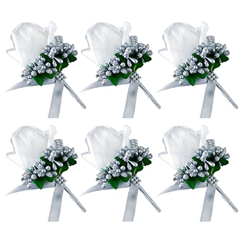 6 Stück Hochzeit Braut Blumen Anstecker,Handgefertigte Rose Bräutigam Boutonniere Hochzeitsbrosche Blumenstrauß Korsage künstliche Blumen für Party Prom Männer Anzug Dekoration,Weiß Silber von Uposao