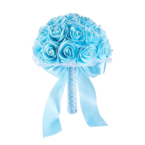 Blumenstrauß Romantische Hochzeit Künstliche Hochzeitsstrauß Koreanischen Stil künstlicher Rosenstrauß Bouquet Deko Brautjungfer Blumenstrauß Brautstrauß mit Strass für Hochzeit,Fotoshooting,Hellblau von Uposao