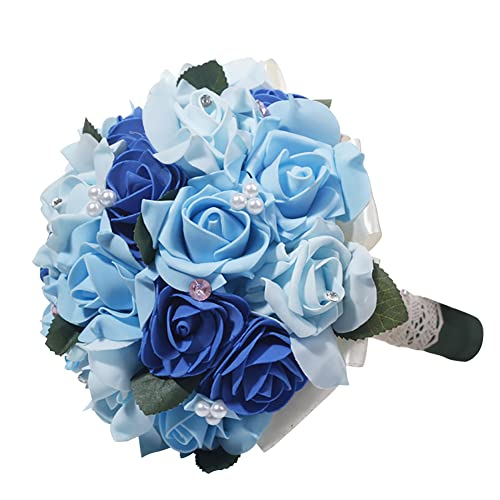 Brautstrauss Hochzeit Blumenstrauß,Rosen Künstliche Blumen Braut Hochzeitsblumenstrauß Hochzeit Rosen Strauß Rosenstrauß Bouquet Deko Romantische Blumen Brautjungfern Blumensträusse mit Perlen,Blau von Uposao