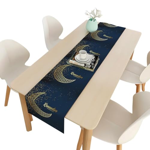 Eid Mubarak Tischläufer Blau und Gold Ramadan Tischdecke Muslimische Islam Tischdeko Leinen Eid Mubarak Ramadan Dekoration Zuhause Esszimmer Dekoration Festival Party Tisch Dekorationen 33 x 180cm von Uposao