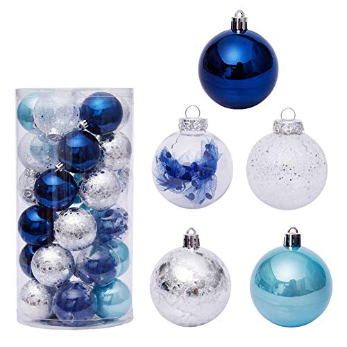 Uposao 30 Stück Kunststoff Weihnachtskugeln,Transparente Christbaumkugeln Set Weihnachtsbaumschmuck Baumkugeln Weihnachtsbaum Deko zum Aufhängen für Weihnachten Party Dekoration ∅60mm,Blau Silber von Uposao