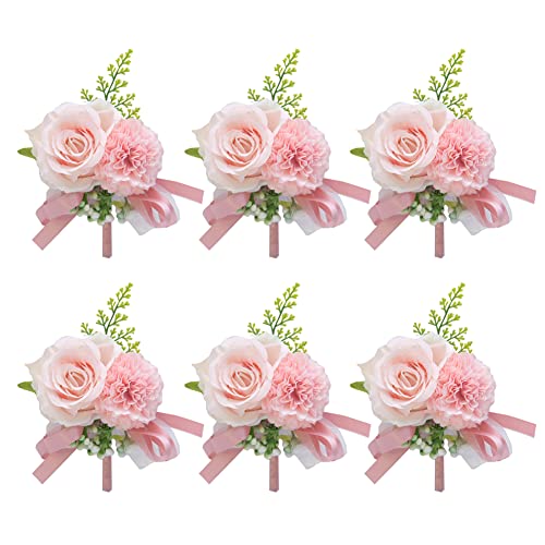 Uposao 6 Stück Boutonniere Rose Hochzeit Künstliche Handgefertigte Satin Hochzeit Ansteckblume bräutigam Trauzeugen Handarbeit Corsage Knopfloch Blumen für Bräutigam Herren Braut Frauen,Rosa von Uposao