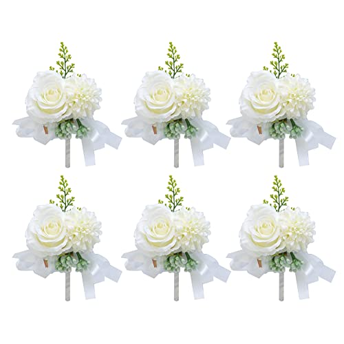 Uposao 6 Stück Boutonniere Rose Hochzeit Künstliche Handgefertigte Satin Hochzeit Ansteckblume bräutigam Trauzeugen Handarbeit Corsage Knopfloch Blumen für Bräutigam Herren Braut Frauen,Weiß von Uposao