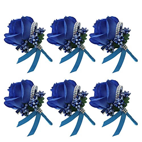 Uposao 6 Stück Hochzeit Braut Blumen Anstecker,Handgefertigte Rose Bräutigam Boutonniere Hochzeitsbrosche Blumenstrauß Korsage künstliche Blumen für Party Prom Männer Anzug Dekoration,Dunkelblau von Uposao