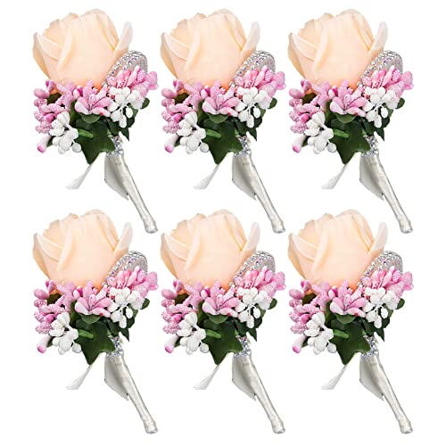 Uposao 6 Stück Hochzeit Braut Blumen Anstecker,Handgefertigte Rose Bräutigam Boutonniere Hochzeitsbrosche Blumenstrauß Korsage künstliche Blumen für Party Prom Männer Anzug Dekoration,Champagner Gold von Uposao