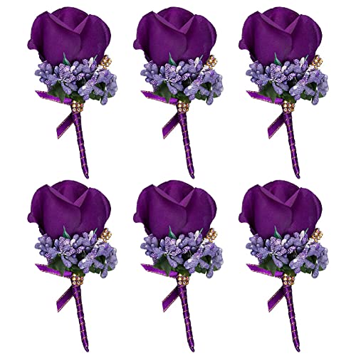 Uposao 6 Stück Hochzeit Braut Blumen Anstecker,Handgefertigte Rose Bräutigam Boutonniere Hochzeitsbrosche Blumenstrauß Korsage künstliche Blumen für Party Prom Männer Anzug Dekoration,Lila von Uposao