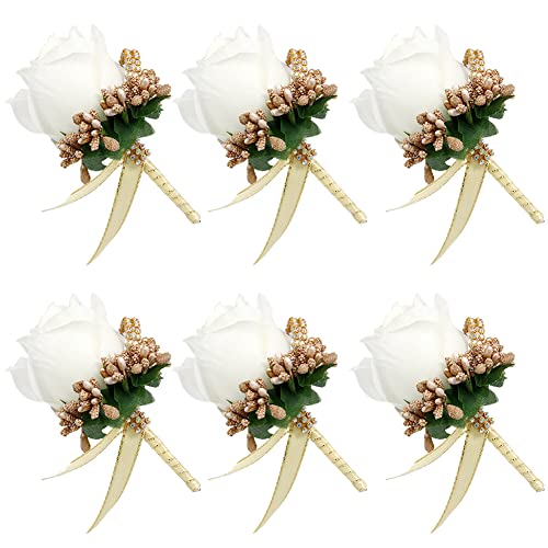 Uposao 6 Stück Hochzeit Braut Blumen Anstecker,Handgefertigte Rose Bräutigam Boutonniere Hochzeitsbrosche Blumenstrauß Korsage künstliche Blumen für Party Prom Männer Anzug Dekoration,Weiß Gold von Uposao