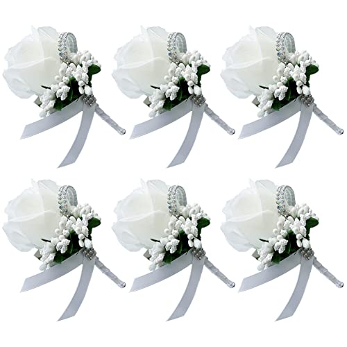 Uposao 6 Stück Hochzeit Braut Blumen Anstecker,Handgefertigte Rose Bräutigam Boutonniere Hochzeitsbrosche Blumenstrauß Korsage künstliche Blumen für Party Prom Männer Anzug Dekoration,Weiß von Uposao