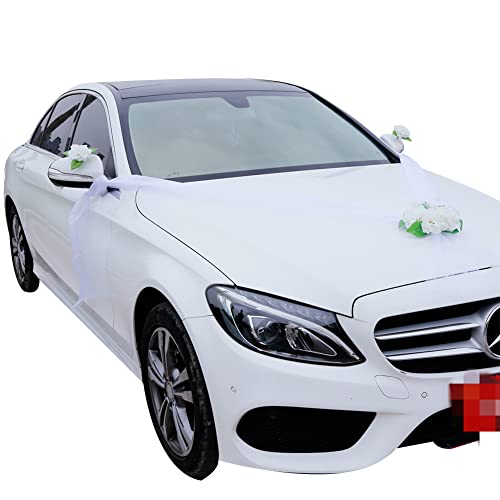 Uposao Autoschmuck Hochzeit,Braut Paar Rose Deko Dekoration Auto Blumenschmuck Car Wedding Girlande Motorhaube Hochzeitsauto Deko Handgemacht Satinband Schleifen für Hochzeit Party,Weiß von Uposao