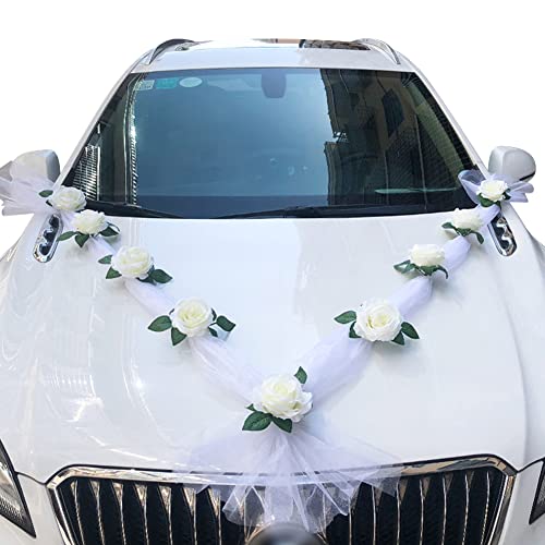 Uposao Autoschmuck Hochzeit Braut Paar Rose Deko Autodeko Hochzeit Auto Wedding Deko Auto Blumenschmuck Hochzeitsauto Deko Organza Girlande Hochzeitsdeko für Hochzeit Party,Weiß von Uposao
