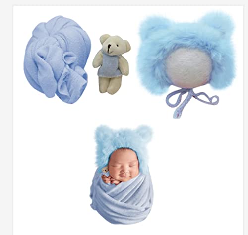 Uposao Baby Neugeborenen Foto Requisiten Wraps & Baby Hut & Bär Puppe,Newborn Baby Wrap Decke Baby Kostüm Hut Säugling Baby Wrap Decke Headwrap Fotoshooting für 0-6 Monate Baby,Blau von Uposao