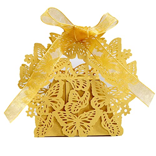 Uposao Gastgeschenke Hochzeit, 50 Stück Süßigkeiten Kasten Schokolade kartons Gastgeschenk Kartonage Box Schmetterling Muster DIY-Party-Geschenkbox Schachtel für Tischdeko Hochzeit Dekoration,Gold von Uposao