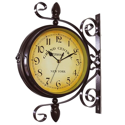 Uposao Zweiseitige Bahnhofsuhr,Doppelseitige Wanduhr Retro Wanduhr Vintage Halterung Hängende Dekoruhr Wanduhr Mit Halterung Für Drinnen Und Draußen,Haus,Garten,Küche,Hof,Wohnzimmer 25CM von Uposao