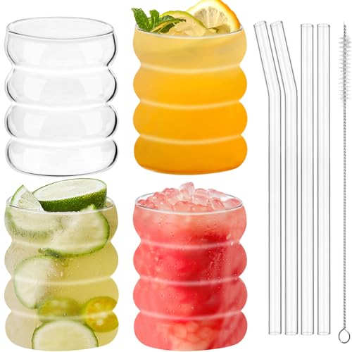 UptVin 4 Stück Gerippte Trinkgläser mit Glasstrohhalmen, 350ML Bubble Gläser, Matcha Glas mit Strohhalm, Kaffeegläser, Gerippte Eiskaffee Gläser für Cocktails Whiskey Tee Soda Kaffee von UptVin