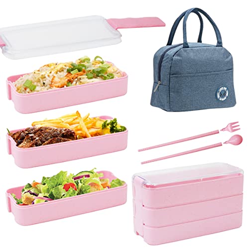 UptVin Bento Box, 3-lagig, 900 ml, Bento Lunchbox mit 2 Besteck, 1Tragetasche, Bento Box, Geeignet für Erwachsene, Kinder, für Schule, Arbeit, Picknick, Reise geschichtete Lunchbox (Rosa) von UptVin