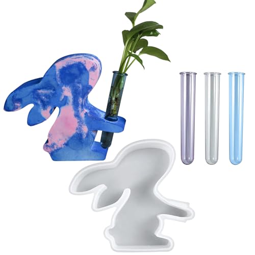 UptVin Silikonform Hase mit 3 Reagenzglas, Silikonform für Hydrokultur DIY Blumenvase Harzform Propagationsstation für Pflanzen von UptVin