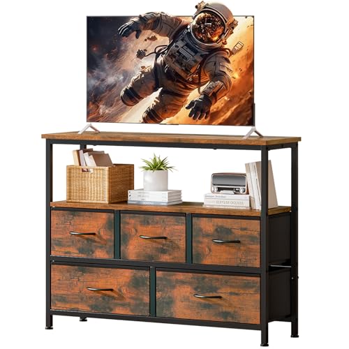 Uptyia Hoher TV-Schrank mit 5 Schubladen, kompakter Fernsehschrank für Wohnzimmer, Schlafzimmer oder kleine Räume | TV-Halterung 114 cm (45 Zoll), mit offenen Regalen und Stauraum (rustikaler Stil) von Uptyia