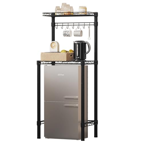 Uptyia Regal über Kühlschrank für Mini-Kühlschrank, verstellbar, Metall, 2 Ebenen, mit 7 Haken, für Küche, Bad, Schlafzimmer oder Waschküche, 60 x 40 x 145,5 cm, Schwarz (Schwarz) von Uptyia