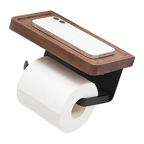 Uqezagpa Wandhalter mit Walnussholzregal schwarz Edelstahl Badezimmer Aufbewahrung für Telefon u von Uqezagpa