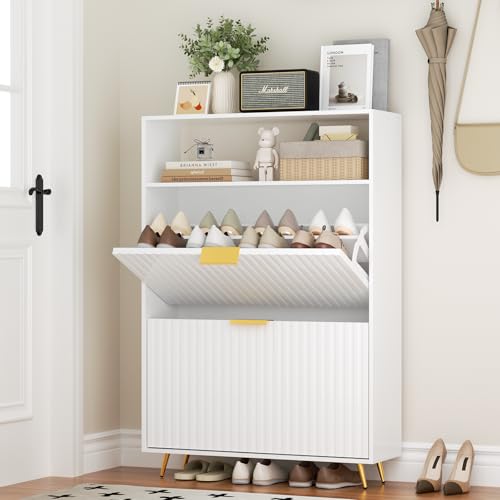 Urban Deco Schuhschrank Weiss, Schuhkipper mit 2 Klappen, Schuhregal Schmal mit Metallfüßen, Schuhschrank Holz für Eingangsbereich, Flur, 75 x 24 x 116 cm, Weiß von Urban Deco
