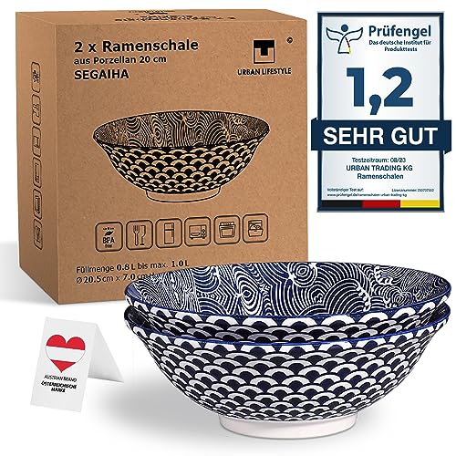 Urban Lifestyle Ramen Schüssel 0,8-1.0 L aus Porzellan 1300°C 2x Set 20cm Seigaiha” Suppenschale Salatschüssel Pho Suppe Schüssel Bowl Ramen Nudeln Schale Müslischalen Ramen Japanisch von Urban Lifestyle