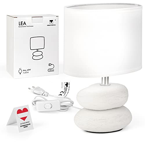 Urban Lifestyle Nachttischlampe Lea (weiß-matt) Tischleuchte Keramik Tischlampe mit Stoffschirm, LED geeignet, E14, 230V Keramik Nachttischleuchte, Sofalampe von Urban Lifestyle