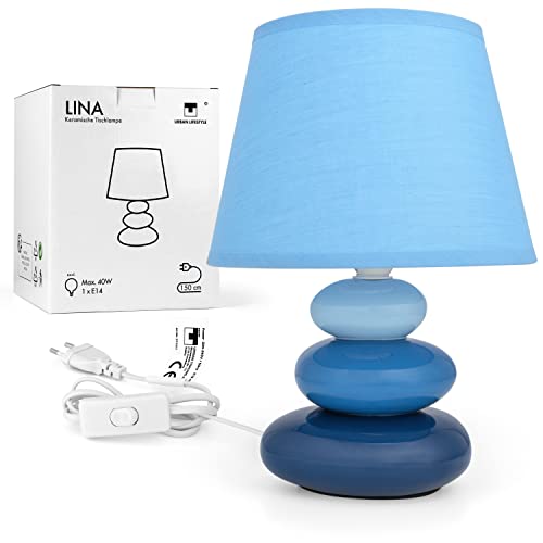 Urban Lifestyle Nachttischlampe Lina (blau) Tischleuchte Keramik Tischlampe mit Stoffschirm, LED geeignet, E14, 230V Keramik Tischlampe, Nachttischleuchte von Urban Lifestyle