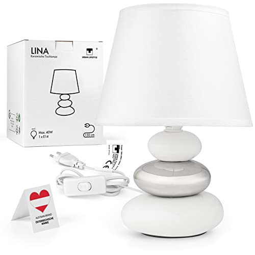 Nachttischlampe "Lina" (weiß-silber) Tischleuchte Keramik Tischlampe mit Stoffschirm, LED geeignet, E14 230V Keramik, Tischlampe, Nachttischleuchte, Fenster Lampe, Sofalampe. Fensterbank Lampen von Urban Lifestyle