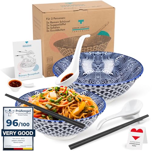 Ramen Schüssel Dinner Set 2 Personen aus Porzellan 20cm Füllmenge 0,8-1 L Suppenschale Salatschüssel Pho Suppe Schüssel Bowl Ramen Nudeln Müslischalen Pho Suppe Bowl Schüssel (Seigaiha) von Urban Lifestyle