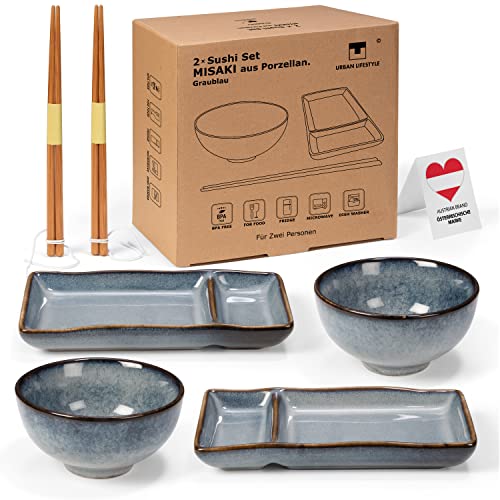 Sushi Geschirr set "Misaki" Graublau für 2 Person, Sushi Set Japanischer Geschirr für Miso Suppe Maki Sushi Reis, Geschirr Set aus 2 Sushi Teller Set, 2 Schalen aus Keramik, 2 Paar Sushi Stäbchen von Urban Lifestyle