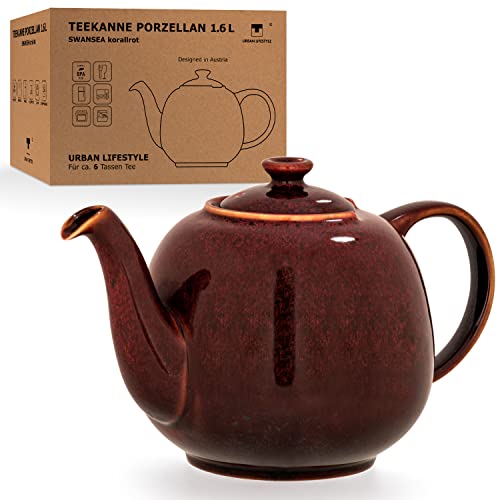 Teekanne Swansea 1,6 L Korallen Rot PORZELLAN TEEKANNE für Teebeutel tropffrei, Teapot Englisch große Porzellan Teekanne tropffrei von Urban Lifestyle