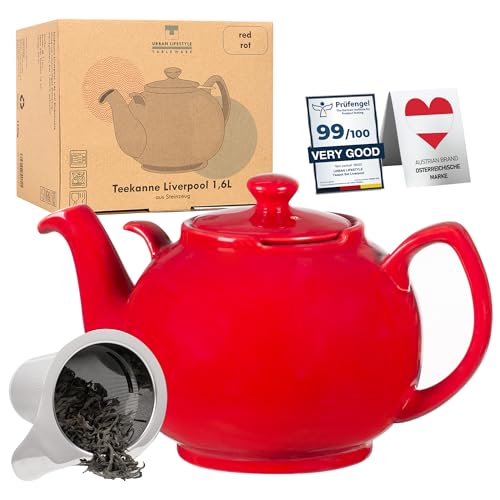 Teekanne mit Siebeinsatz Liverpool Rot 1,6 L Teekanne mit Edelstahl Sieb aus Keramik von URBAN LIFESTYLE, Teekanne die tropffrei ist. Teekanne Keramik mit Siebeinsatz Teapot Teekanne von Urban Lifestyle