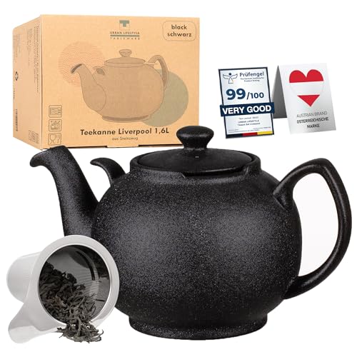 Teekanne mit Siebeinsatz Liverpool Schwarz 1,6 L Teekanne mit Edelstahl Sieb aus Keramik von URBAN LIFESTYLE, Teekanne die tropffrei ist. Teekanne Keramik mit Siebeinsatz Teapot Teekanne von Urban Lifestyle