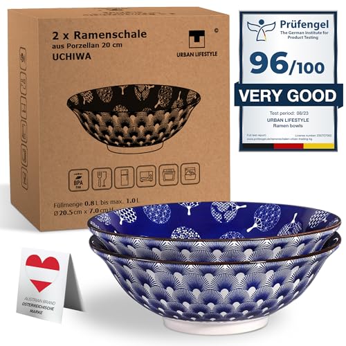 Ramen Schüssel 0,8-1.0 L aus Porzellan 1300°C 2er Set 20cm Uchiwa” Suppenschale Salatschüssel Pho Suppe Schüssel Bowl Ramen Nudeln Schüssel Schale Müslischalen Ramen Japanisch von Urban Lifestyle