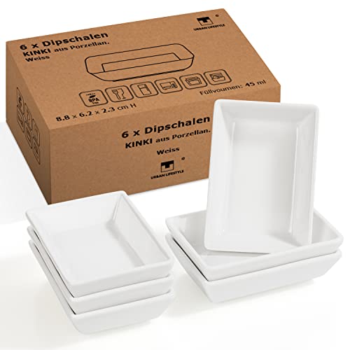 Dipschalen Dip Schälchen Porzellan stapelbar 6 x Schälchen Set weiß Saucenschälchen "Kinki" (8,8x6,2x2,3cm) Sojasauce Schälchen, Sushi Schälchen, Fingerfood Gewürzschalen Raclette Zubehör von Urban Lifestyle